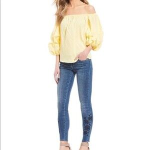 CeCe Women's Jardin Ruffled 3/4 Sleeve Off Shoulder Top In Finch Yellow Size M